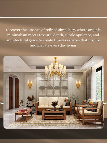 This living room showcases refined simplicity with its classic wall molding, traditional wooden furniture, and a beautiful chandelier. It's a timeless design that feels both elegant and comfortable.