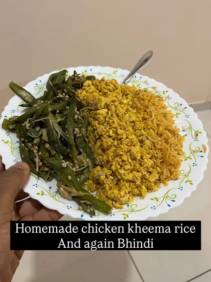 Homemade chicken kheema with rice and a generous serving of bhindi (okra). Simple, nutritious, and a meal I genuinely enjoy eating.