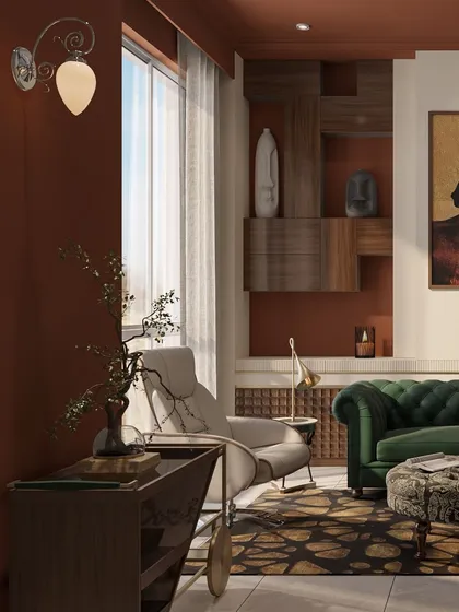 This entertainment room is designed with a moody and lively jewel-toned palette of dark rust and emerald green. The look is inspired by modern art deco, with a luxurious green velvet sofa and bold geometric lines.
