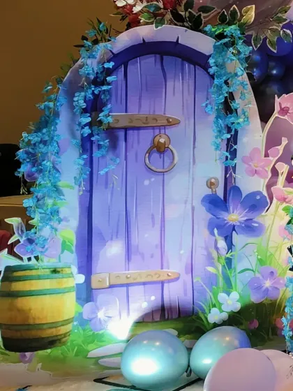 A close-up of the magical fairy door prop used in our enchanted forest themes.