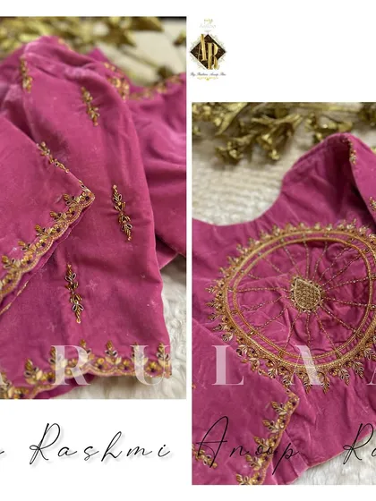 A beautiful pink velvet blouse with a unique circular embroidery pattern on the back. The sleeves have delicate butis to match.