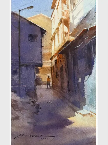 A watercolour sketch of a narrow lane, focusing on the play of light and shadow. These quick studies help me hone my observation skills.