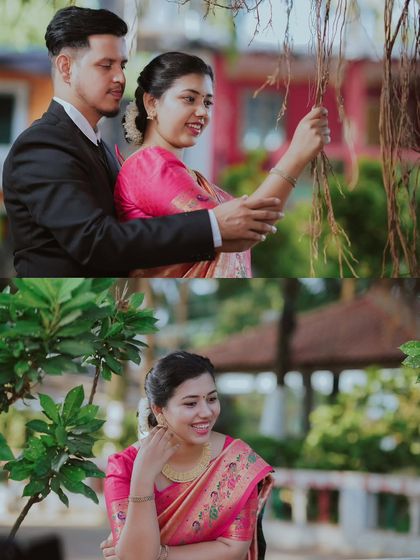 A two-part layout showing both a candid interaction and a beautiful solo portrait of the bride-to-be, highlighting her joy and elegance.