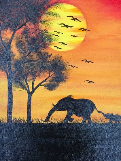 A heartwarming silhouette painting by Priyanka. This piece demonstrates creative composition and color blending to create a powerful sunset scene with an emotional touch.