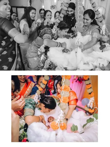 The traditional ritual of placing the baby in a decorated cradle (jhula) for the first time, surrounded by smiling family members.