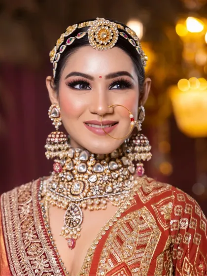 A stunning close-up of a royal and luxurious bridal look. The makeup is a perfect blend of elegance and opulence, with soft yet defined eyes.