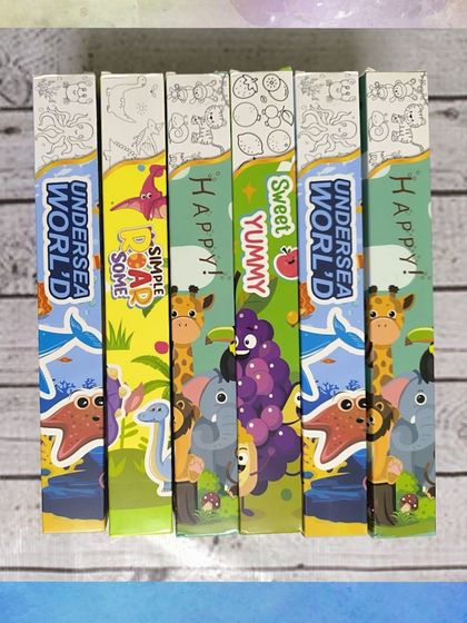 These poster painting sets come in long boxes with themes like "Undersea World" and "Happy Animals."