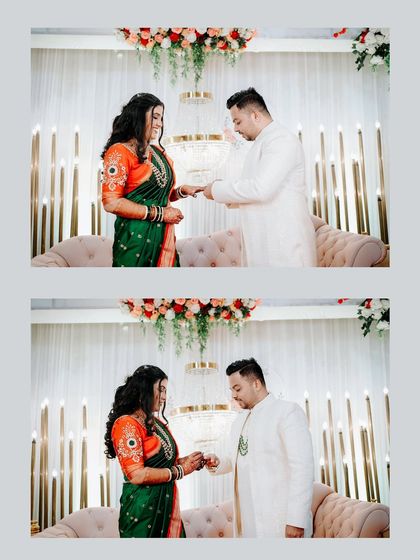 The moment of the ring exchange is the heart of the engagement. This diptych captures the anticipation and the final act of placing the ring on each other's finger, sealing their promise.