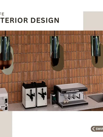 The back-of-counter area is just as important as the front. This view shows the practical arrangement of coffee machines and beverage dispensers against a warm, terracotta-colored tile backsplash, with focused pendant lighting for the work area.