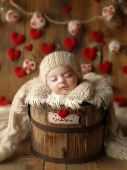 My tiny valentine. This setup is perfect for babies born around February, featuring a rustic bucket and a garland of handmade hearts.