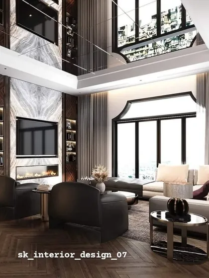 A duplex living room with a fireplace integrated into the TV wall. The design uses dark wood and marble to create a sophisticated and cozy atmosphere.