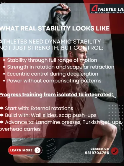 What does real shoulder stability look like? It's not just strength, but control through a full range of motion, eccentric control during deceleration, and power without compensation. We progress training from isolated movements to integrated exercises like landmine presses and Turkish get-ups.