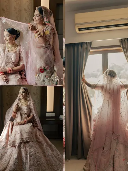 A collage of getting-ready moments, from a sister helping with the veil to the bride looking out the window. It tells the story of the morning.