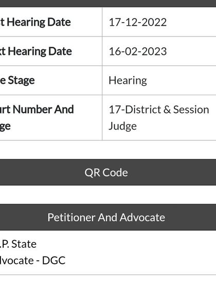 Case status and hearing details for a bail application. This image shows the procedural details of a bail case, including the hearing dates and the judge presiding over the matter.