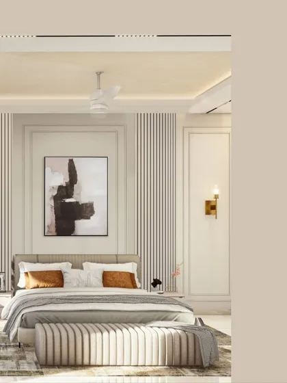A detailed shot of the bedroom from image 19, focusing on the custom headboard and abstract artwork. The combination of textures and clean lines is central to this modern bedroom design.
