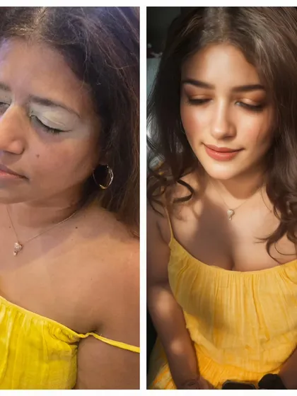 A perfect example of a "clean girl aesthetic" transformation. We evened out her skin tone and added a soft, neutral eye and lip for a fresh, youthful glow.