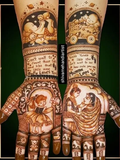 A special maternity mehendi design created for a baby shower. It captures the joy of expecting with tender illustrations of a mother and baby, personal messages from the parents-to-be, and cute motifs like a baby in a pram.