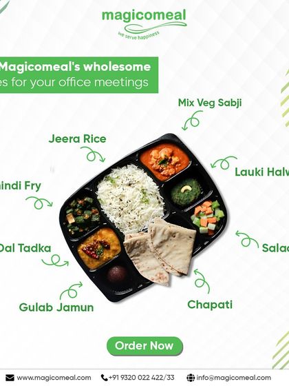 This wholesome packed lunch is ideal for office meetings and daily meals. It features a balanced selection of dishes like Jeera Rice, Dal Tadka, Bhindi Fry, and even a dessert, providing a complete and satisfying experience.