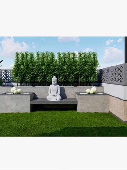 A 3D render of a meditation corner with a Buddha statue, built-in seating, and a bamboo-style privacy screen.