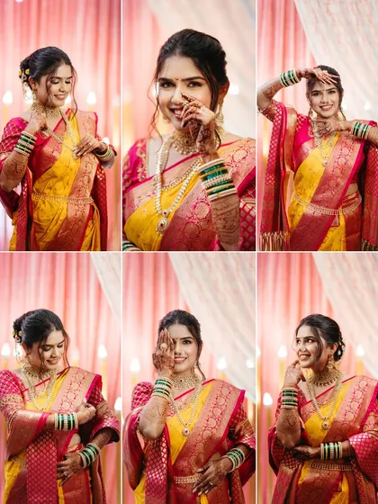 A collage of a happy Maharashtrian bride in her vibrant yellow and pink saree. Her playful poses and radiant smile perfectly capture the joy of the wedding day.