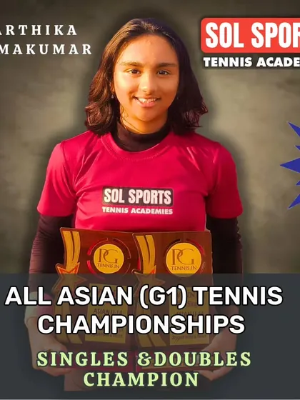 Celebrating a dominant performance on the international stage. Here, our player Karthika Padmakumar showcases her singles and doubles champion trophies from the All Asian Grade 1 Tennis Championships, a result of our focused global competitor program.