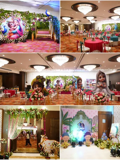We specialize in creating divine and memorable baby showers. This collage showcases a grand Radha Krishna themed godh bharai, complete with character cutouts, a floral jhoola, and vibrant decor that fills the hall with blessings and joy.