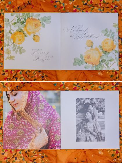 A look inside a bespoke wedding album, with custom calligraphy and floral illustrations gracing the opening pages.