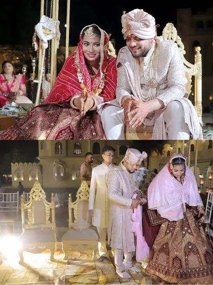 A collage of moments from the wedding ceremony, showing the couple seated for the rituals.