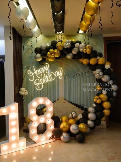 A straight-on shot of the 18th birthday backdrop. The contrast of the dark balloons with the bright lights makes it incredibly eye-catching.
