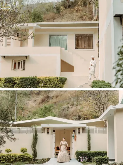A collage showing the couple's 'first look' at their destination wedding venue. The anticipation and excitement are beautifully captured against the stunning architecture.