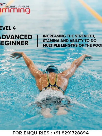 Level 4: Advanced Beginner. Here, we work on increasing strength, stamina, and the ability to swim multiple lengths of the pool. Swimmers refine their freestyle and backstroke techniques and build endurance.