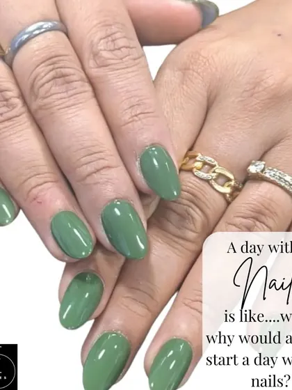 A beautiful, earthy olive green. This solid color manicure is a sophisticated and on-trend choice for any season.