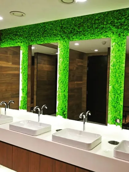 Biophilic design integrated into the restroom at Akamai Technologies. We used preserved reindeer moss to frame the mirrors, transforming a functional space into a refreshing environment without requiring any sunlight or watering.