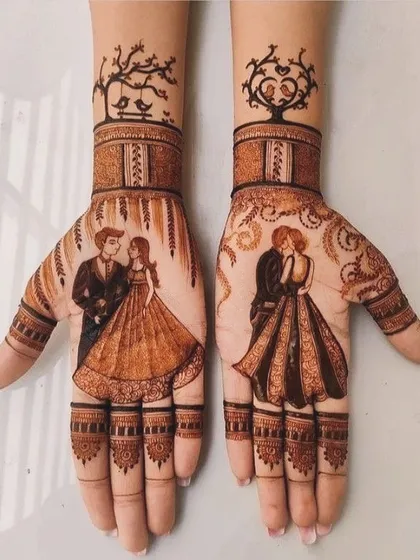 A modern take on bridal mehandi, this design features realistic portraits of the couple based on their engagement photos. I can capture your special moments, from a loving glance to a dance pose, creating a truly personal piece of art.