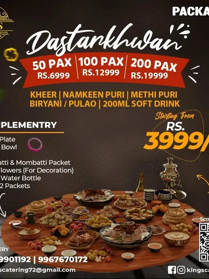 We also offer a traditional Dastarkhwan catering service for a classic floor-seating meal. This package is perfect for large gatherings and includes everything from the food to paper plates, bowls, and water, so you don't have to worry about a thing.