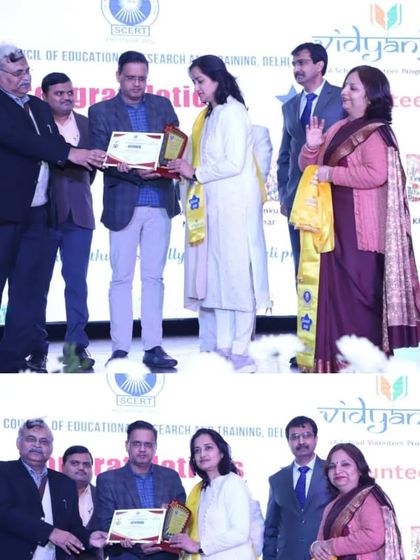 Receiving an award on stage at the SCERT Delhi function. It is a privilege to be recognized for my efforts in bringing wellness education to government schools.