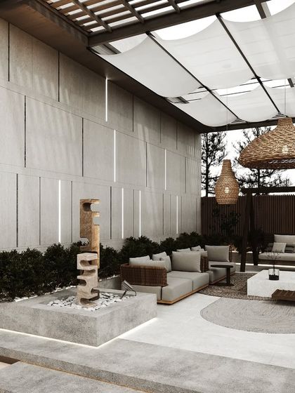 This angle captures the interplay of light and shadow created by the fabric canopy and the slatted wall, adding visual interest to the space.