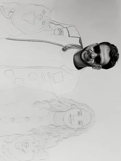The family portrait sketch after many hours of work. Here you can see the man's face is fully rendered, while the rest of the scene is still in outline form.
