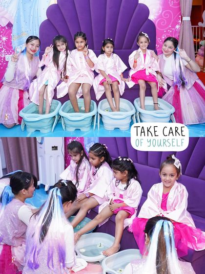 Our team ensures every child feels special during the 'Divas of Wooray' experience. Here, they assist a group of friends as they enjoy a relaxing and fun foot soak together.