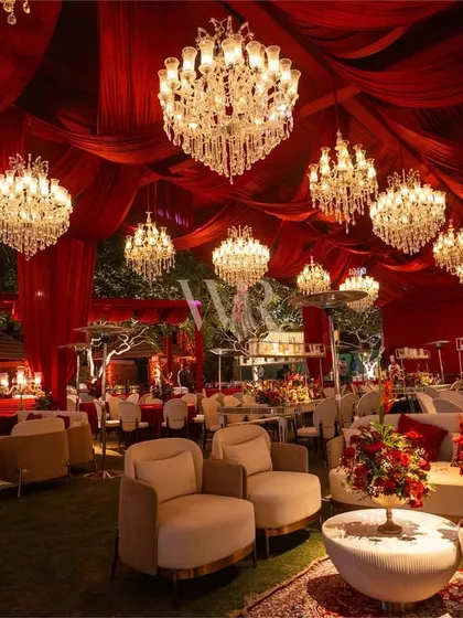 For a Sufi night that was deep, soulful, and dramatic, I draped the entire space in rich crimson velvet. The ceiling became a sky of glittering chandeliers, creating an intimate and opulent darbar where every corner glowed with romance and mystique.