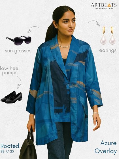 A styling guide for the Azure Overlay. This versatile piece can be paired with tailored trousers for work or denims for a relaxed city stroll, carrying the calm of oceans and skies.
