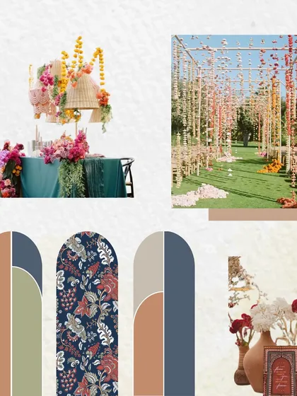 Developing the 'Suryatva' theme further with arched panels and hanging floral concepts. This board helped us visualize how the different patterns and colors would come together in the space.