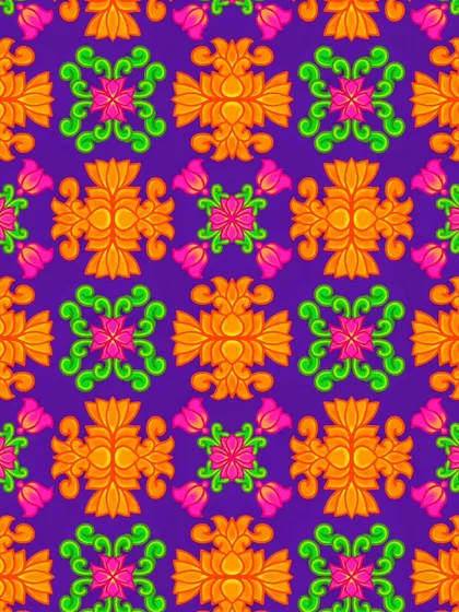 This pattern has a festive, "pandal" vibe for me. The bright orange and pink against the deep purple background reminds me of the vibrant decorations during Indian festivals.