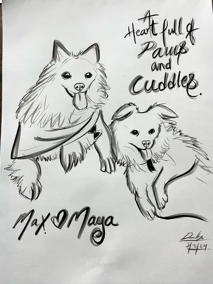 Don't forget your furry family members. This portrait of Max and Maya shows how I can capture the adorable personalities of your pets in a custom sketch.