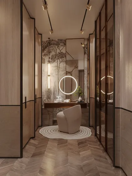 A walk-in wardrobe and vanity area within a master suite. The render highlights the seamless transition, the herringbone wood floor, and the nature-inspired wallpaper.