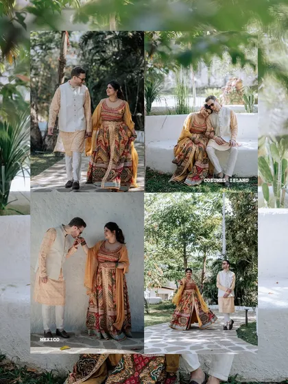 A collection of portraits from a beautiful Haldi photoshoot. I coordinate with the photo team to capture a variety of shots, from romantic close-ups and playful kisses to stylish individual portraits, all within a cohesive, sun-drenched theme.