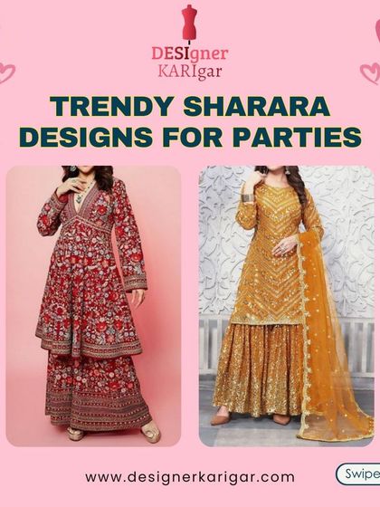 More inspiration for party-ready sharara designs. This image shows a floral printed red Anarkali-style sharara and a golden sequined sharara set.