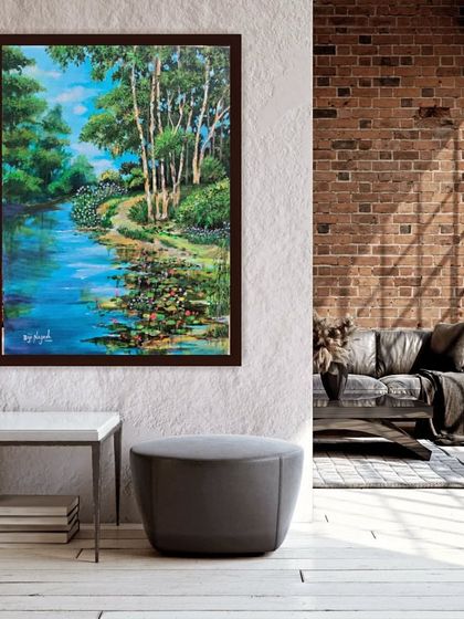Another view of the 'Lotus Pond' painting in an interior setting. The vertical format and natural theme make it a versatile piece for various decor styles.
