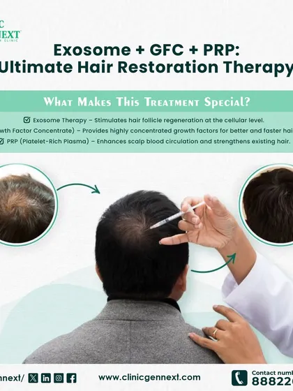 For those seeking the most powerful results, I often recommend a combination therapy. This approach layers Exosome, GFC (Growth Factor Concentrate), and PRP treatments. Each therapy works on a different pathway to stimulate follicle regeneration, deliver concentrated growth factors, and improve scalp health for comprehensive hair restoration.