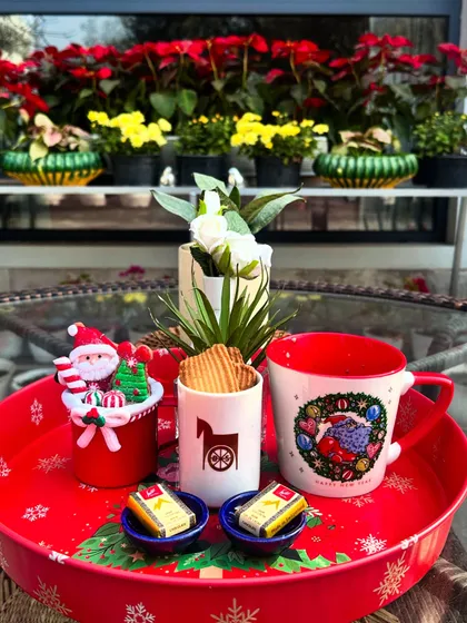 Merry Brew-mas! A festive coffee tray setup with my Christmas-themed mugs and decor.